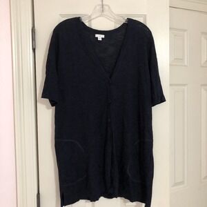 J Jill Sweater Womens Med Navy Blue Linen Button Cardigan Short‎ Sleeves Pockets